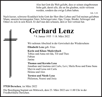 Traueranzeige von Gerhard Lenz von Siegener Zeitung