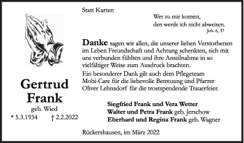 Traueranzeige von Gertrud Frank von Siegener Zeitung