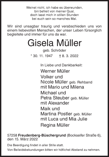 Traueranzeige von Gisela Müller von Siegener Zeitung