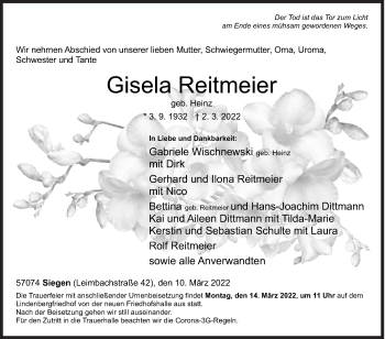 Traueranzeige von Gisela Reitmeier von Siegener Zeitung