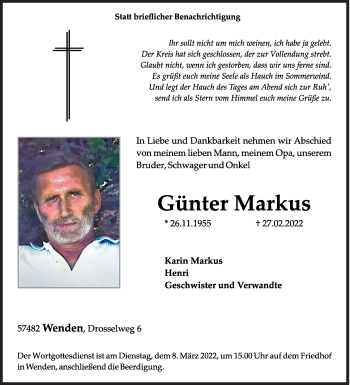 Traueranzeige von Günter Markus von Siegener Zeitung