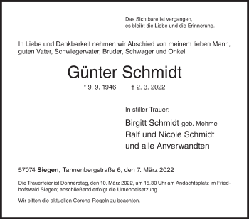Traueranzeige von Günter Schmidt von Siegener Zeitung