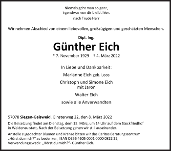 Traueranzeige von Günther Eich von Siegener Zeitung