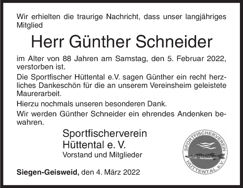  Traueranzeige für Günther Schneider vom 04.03.2022 aus Siegener Zeitung