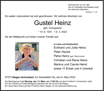 Traueranzeige von Gustel Heinz von Siegener Zeitung