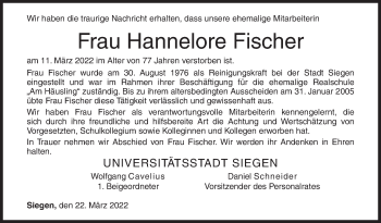 Traueranzeige von Hannelore Fischer von Siegener Zeitung