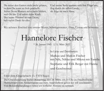 Traueranzeige von Hannelore Fischer von Siegener Zeitung