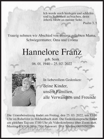 Traueranzeige von Hannelore Franz von Siegener Zeitung