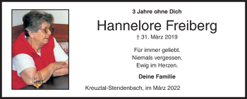 Traueranzeige von Hannelore Freiberg von Siegener Zeitung