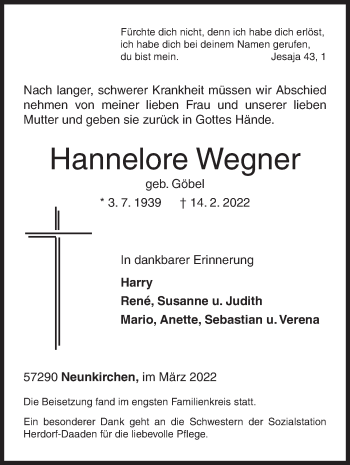 Traueranzeige von Hannelore Wegner von Siegener Zeitung