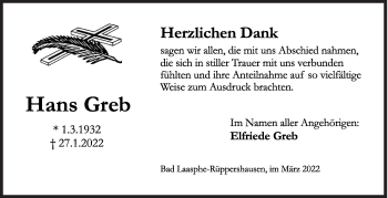 Traueranzeige von Hans Greb von Siegener Zeitung