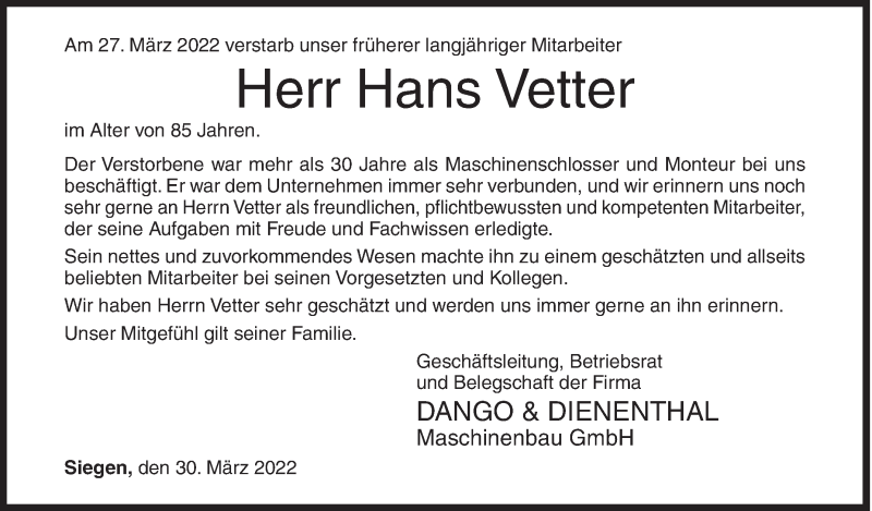  Traueranzeige für Hans Vetter vom 30.03.2022 aus Siegener Zeitung