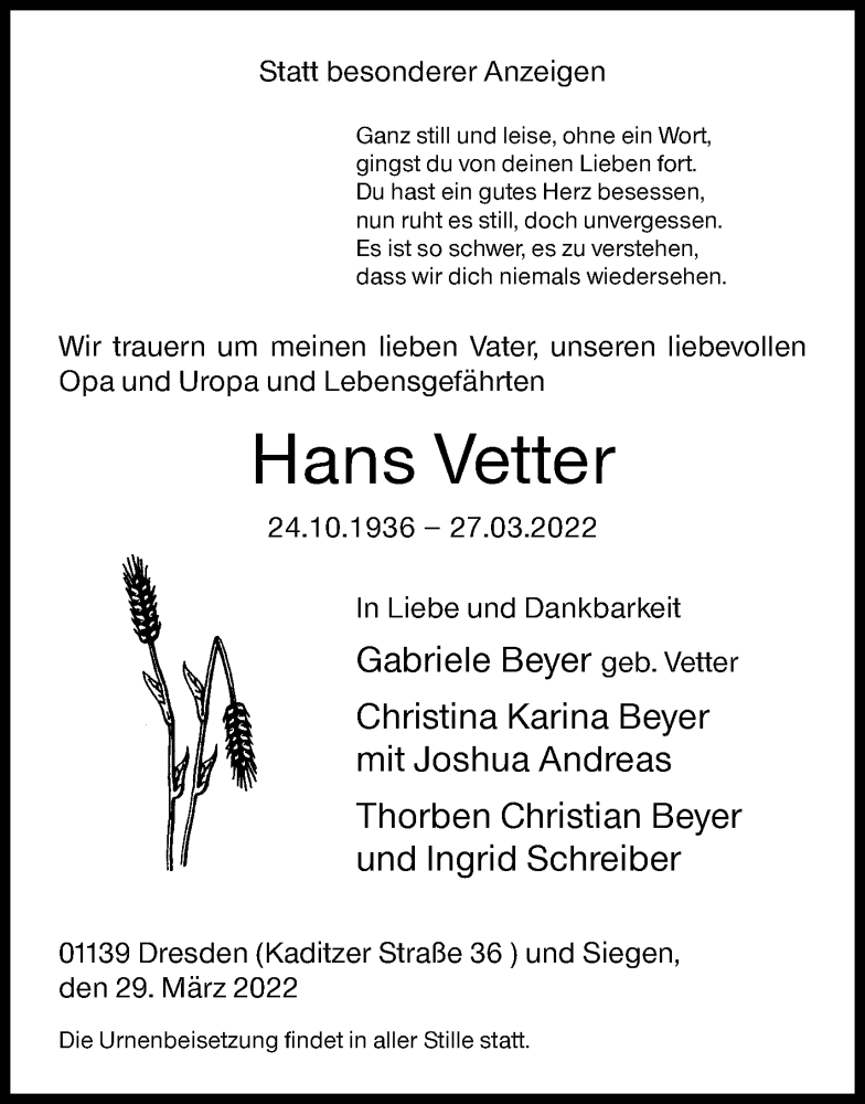  Traueranzeige für Hans Vetter vom 29.03.2022 aus Siegener Zeitung