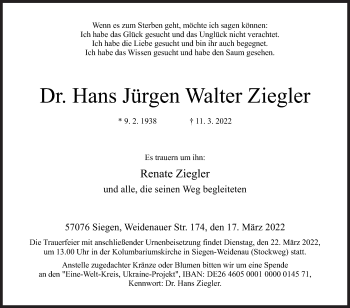 Traueranzeige von Hans Jürgen Walter Ziegler von Siegener Zeitung