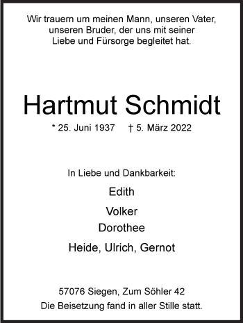 Traueranzeige von Hartmut Schmidt von Siegener Zeitung
