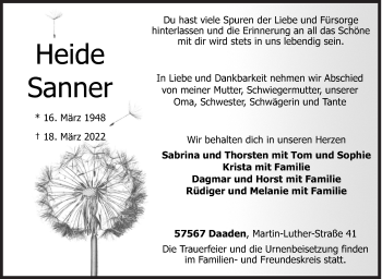 Traueranzeige von Heide Sanner von Siegener Zeitung