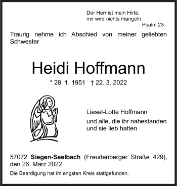 Traueranzeige von Heidi Hoffmann von Siegener Zeitung