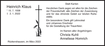 Traueranzeige von Heinrich Klaus von Siegener Zeitung