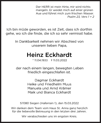 Traueranzeige von Heinz Eckhardt von Siegener Zeitung