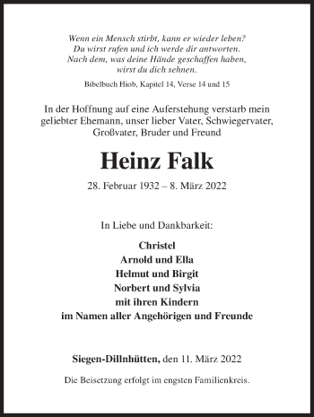 Traueranzeige von Heinz Falk von Siegener Zeitung