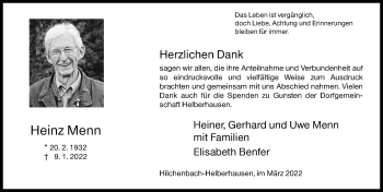 Traueranzeige von Heinz Menn von Siegener Zeitung