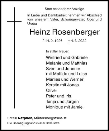 Traueranzeige von Heinz Rosenberger von Siegener Zeitung