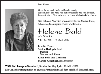 Traueranzeige von Helene Bald von Siegener Zeitung