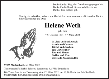 Traueranzeige von Helene Weth von Siegener Zeitung