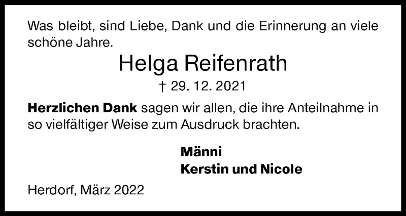  Traueranzeige für Helga Reifenrath vom 04.03.2022 aus Siegener Zeitung