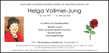Traueranzeige von Helga Vollmer-Jung von Siegener Zeitung