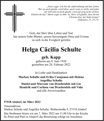 Traueranzeige von Helga Cäcilia Schulte von Siegener Zeitung