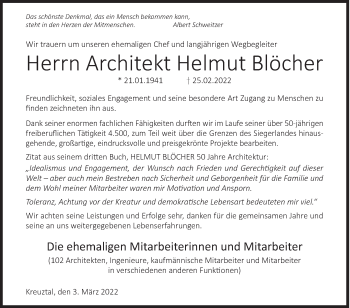 Traueranzeige von Helmut Blöcher von Siegener Zeitung