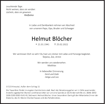 Traueranzeige von Helmut Blöcher von Siegener Zeitung