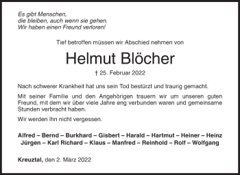Traueranzeige von Helmut Blöcher von Siegener Zeitung