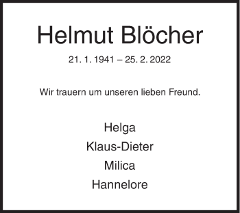 Traueranzeige von Helmut Blöcher von Siegener Zeitung