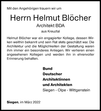 Traueranzeige von Helmut Blöcher von Siegener Zeitung
