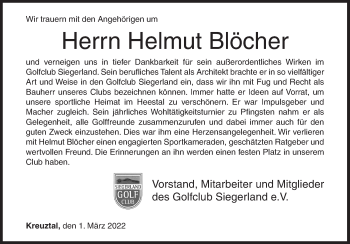 Traueranzeige von Helmut Blöcher von Siegener Zeitung