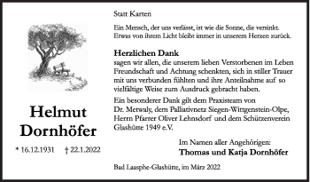 Traueranzeige von Helmut Dornhöfer von Siegener Zeitung