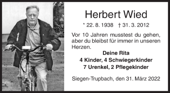 Traueranzeige von Herbert Wied von Siegener Zeitung