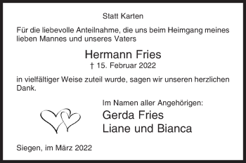 Traueranzeige von Hermann Fries von Siegener Zeitung