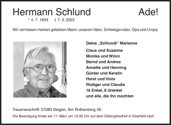 Traueranzeige von Hermann Schlund von Siegener Zeitung