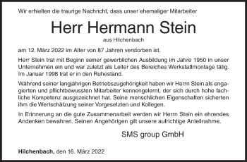 Traueranzeige von Hermann Stein von Siegener Zeitung