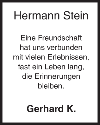 Traueranzeige von Hermann Stein von Siegener Zeitung