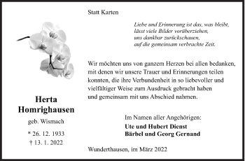 Traueranzeige von Herta Homrighausen von Siegener Zeitung