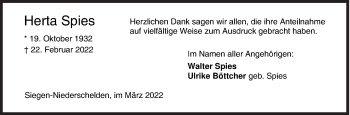 Traueranzeige von Herta Spies von Siegener Zeitung