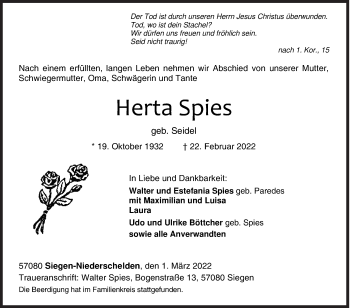 Traueranzeige von Herta Spies von Siegener Zeitung