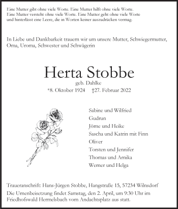 Traueranzeige von Herta Stobbe von Siegener Zeitung