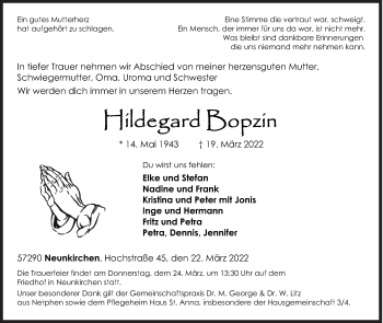 Traueranzeige von Hildegard Bopzin von Siegener Zeitung