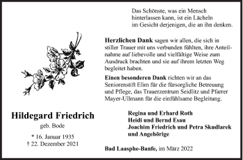Traueranzeige von Hildegard Friedrich von Siegener Zeitung