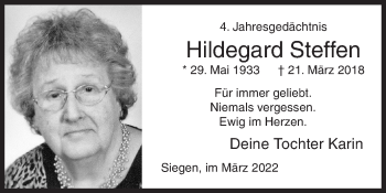 Traueranzeige von Hildegard Steffen von Siegener Zeitung